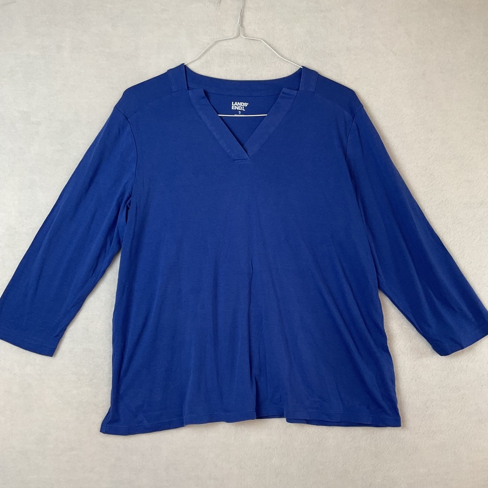 Lands End Womens XL 18 Blue Cotton Modal 3/4 Sleeve Notched V-Neck Top T-Shirt